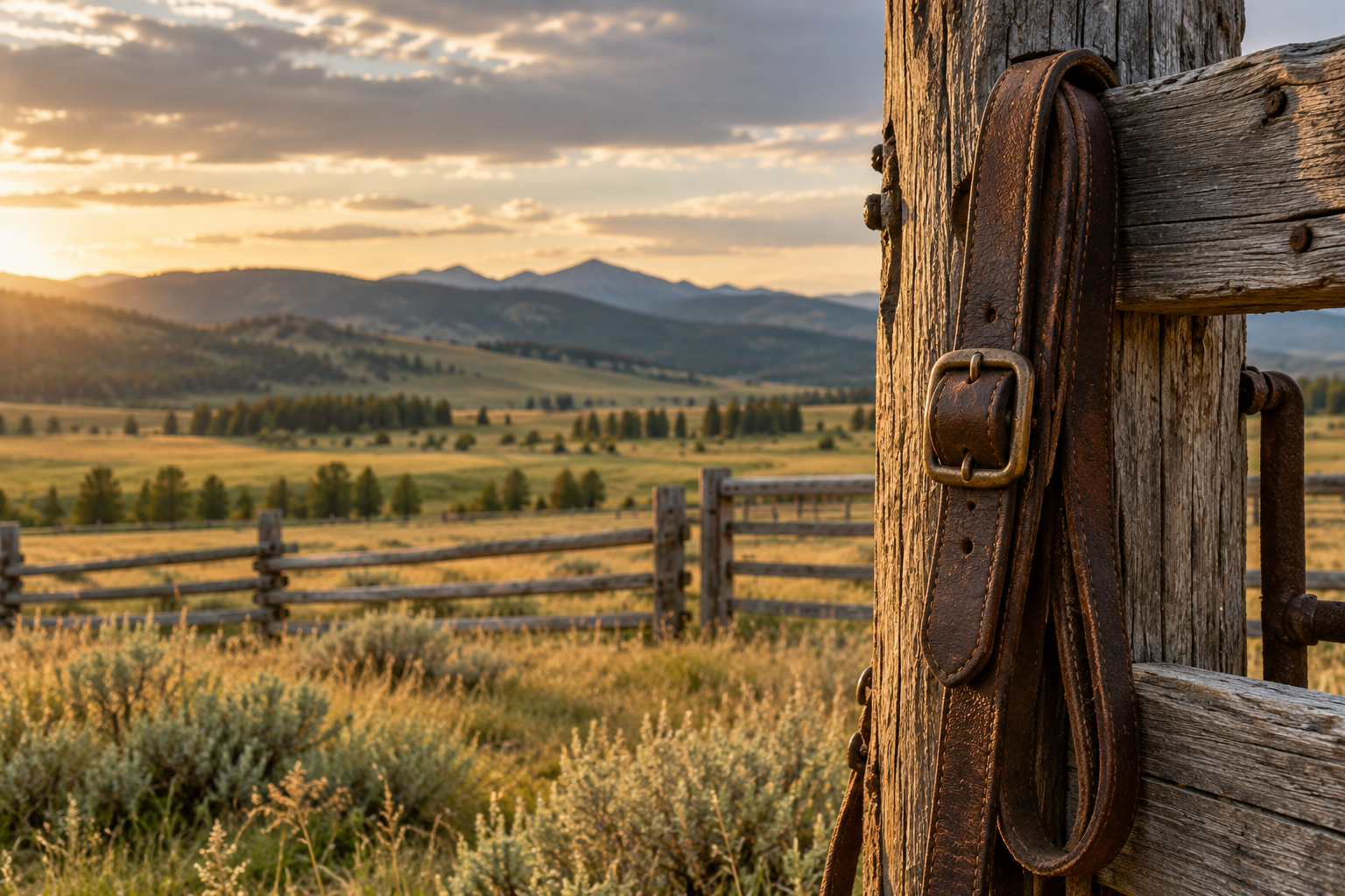 Leather cinch strap on a timber fence overlooking warm Alberta foothills